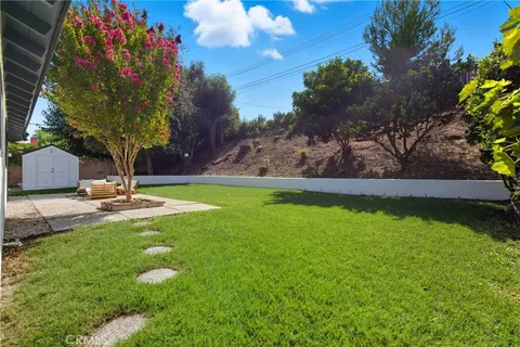 a view of a garden with a house
