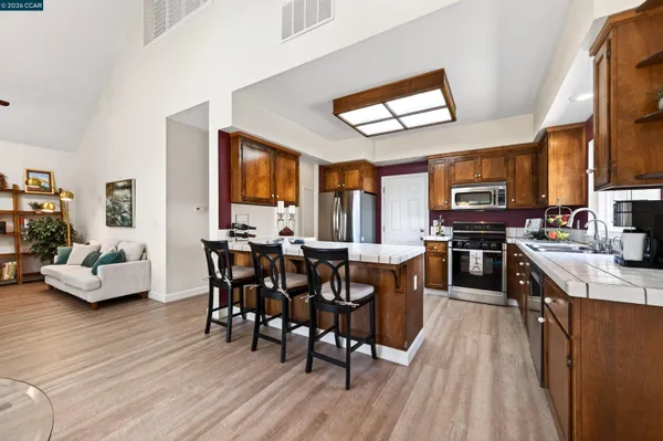 a view of a dining room with furniture