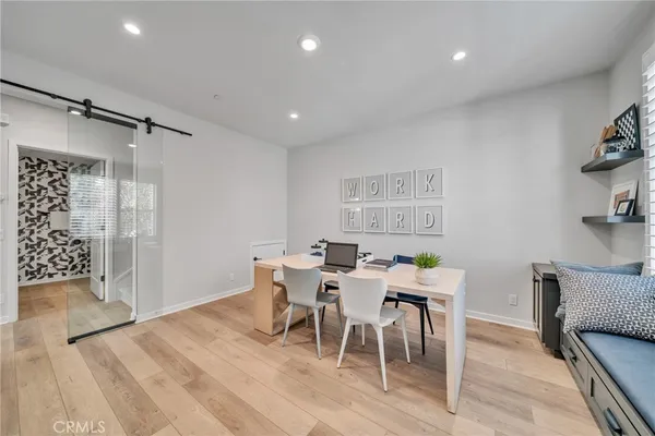 a view of a dining room with furniture