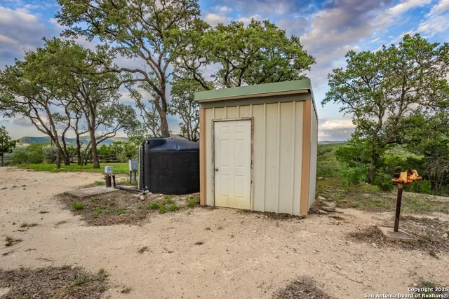 a view of a backyard with a tree
