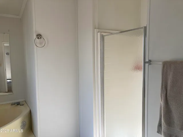 a bathroom with a tub and shower