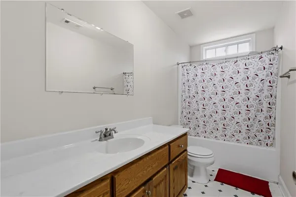 a bathroom with a sink toilet vanity and shower