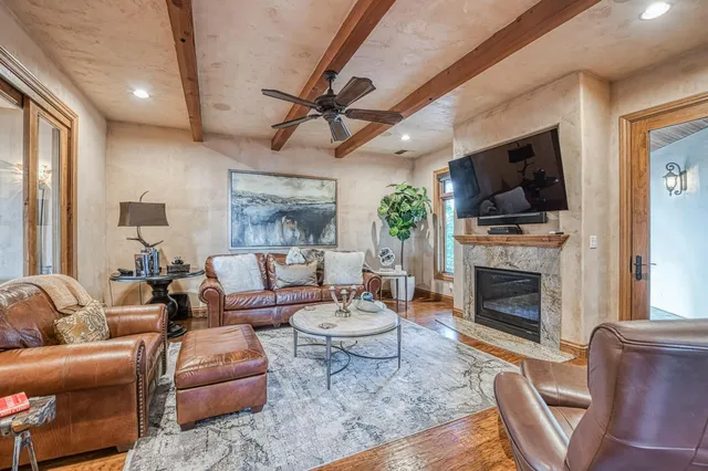 a view of a building with sitting area