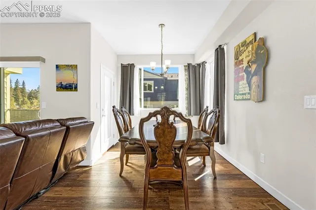 a view of a dining room with furniture window and wooden floor