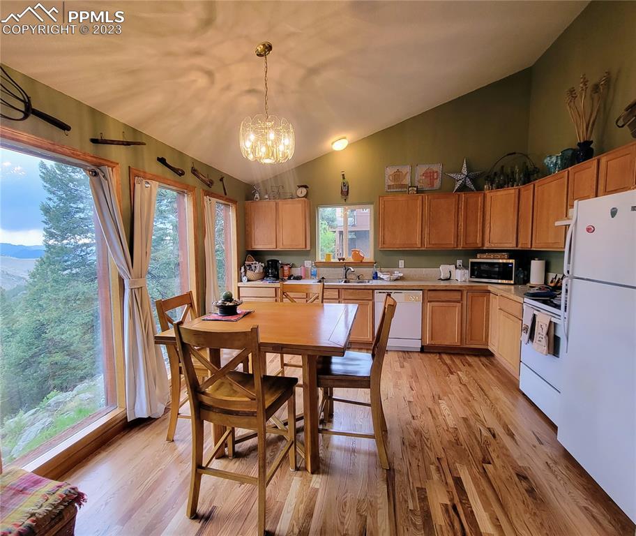 33348 Persistence Avenue Pine, CO 80470 - Photo 15 of 39 a kitchen with stainless steel appliances kitchen island granite countertop a table chairs and a refrigerator