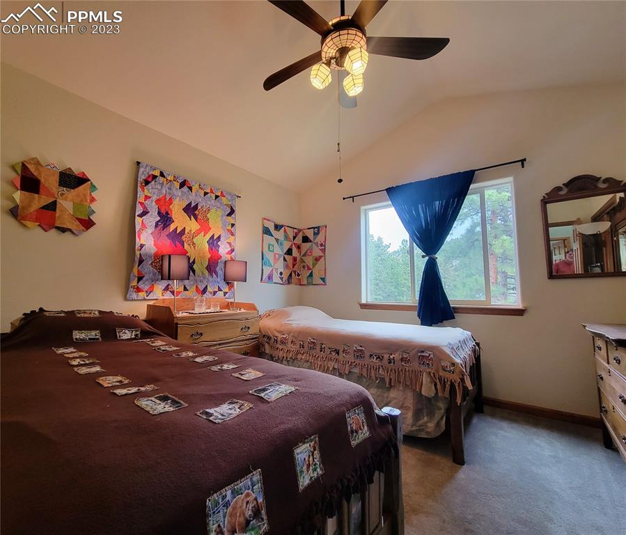 33348 Persistence Avenue Pine, CO 80470 - Photo 23 of 39 a bedroom with a bed a wall painting and a chandelier