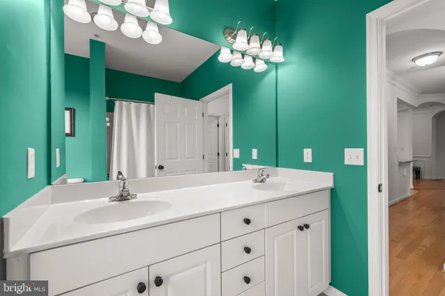 a bathroom with a sink vanity and a mirror