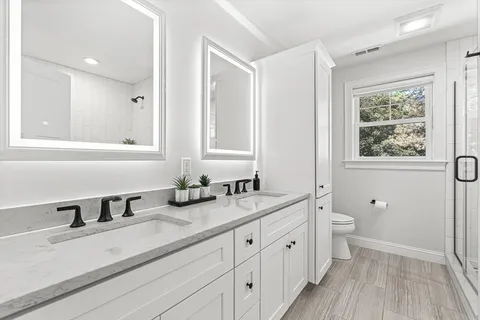 a bathroom with double vanity sink a mirror and a shower
