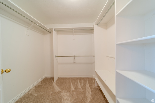 598 Hollow Creek Road Draper, UT 84020 - Photo 92 of 110 Walk-in closet with beige carpet flooring, built-in shelving, and multiple clothing rods