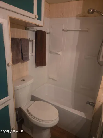 a bathroom with a toilet and a shower