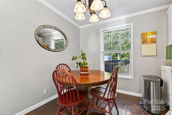 a dining room with furniture a potted plant and wooden floor