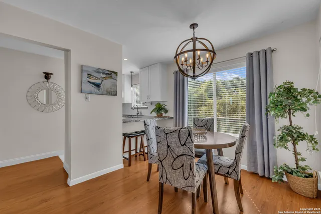 a view of a dining room with furniture window and wooden floor