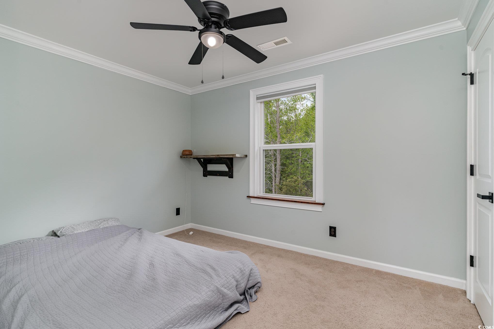 113 Winding Path Drive Loris, SC 29569 - Photo 19 of 36 Carpeted bedroom featuring crown molding, visible vents, baseboards, and ceiling fan