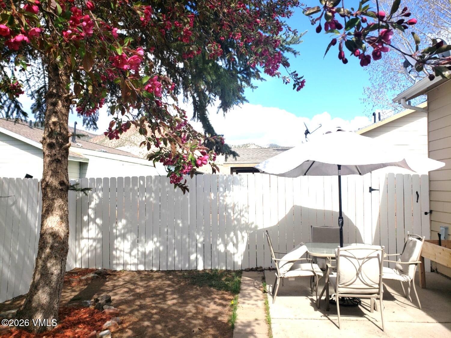 161 Haymaker Loop Gypsum, CO 81637 - Photo 19 of 40 a view of backyard with a table and chairs under an umbrella