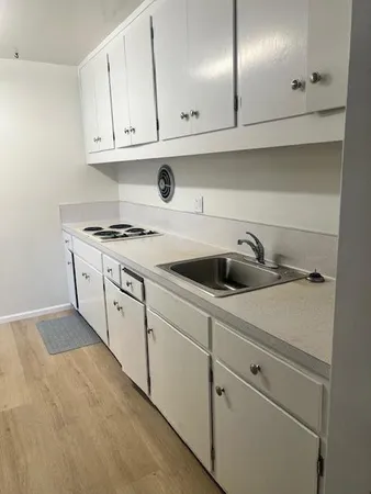 a kitchen with white cabinets and sink