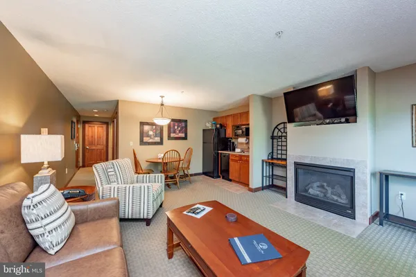 a living room with furniture a flat screen tv and a fireplace