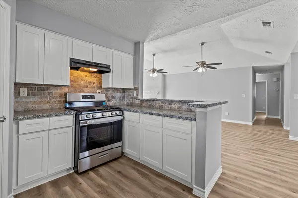 a kitchen with stainless steel appliances granite countertop a stove and a sink