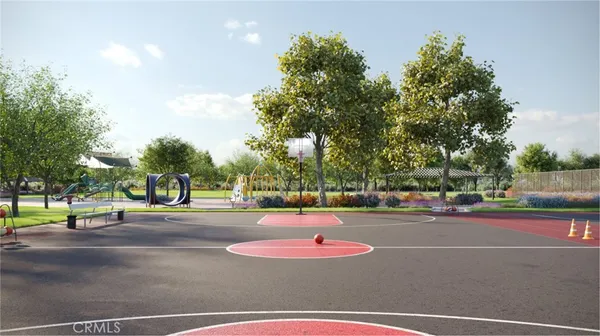 a view of a playground with a patio