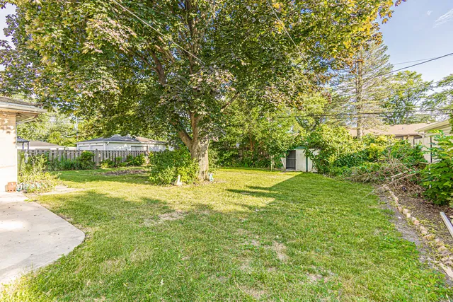 a view of a swimming pool with a big yard and large tree