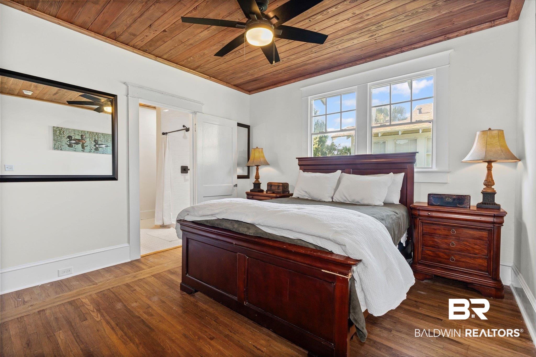 11 South Lafayette Street Mobile, AL 36604 - Photo 10 of 20 Bedroom featuring wooden ceiling, wood finished floors, and a ceiling fan