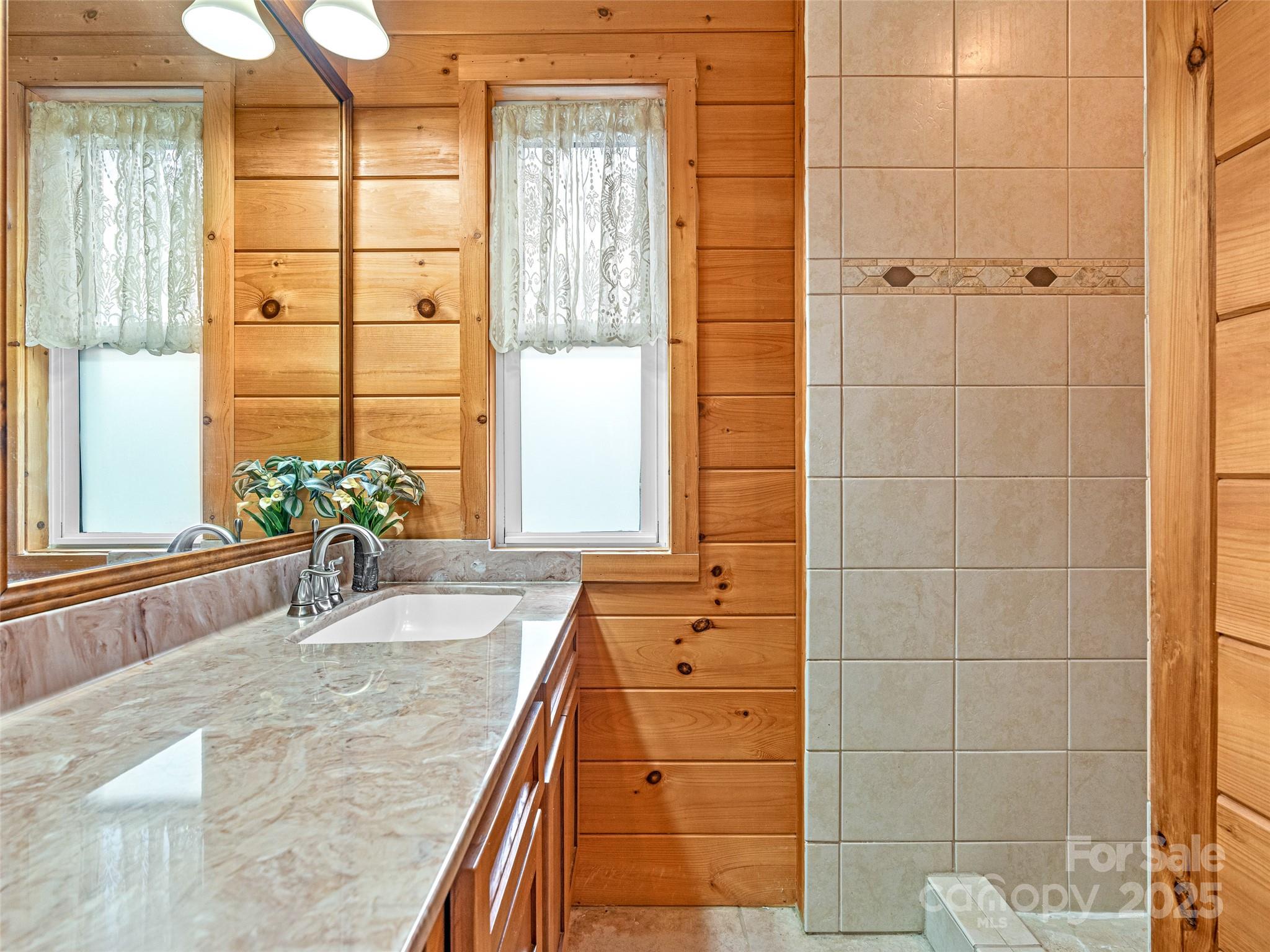 82 Morgan Street Canton, NC 28716 - Photo 36 of 45 a bathroom with a granite countertop sink a large mirror and a shower