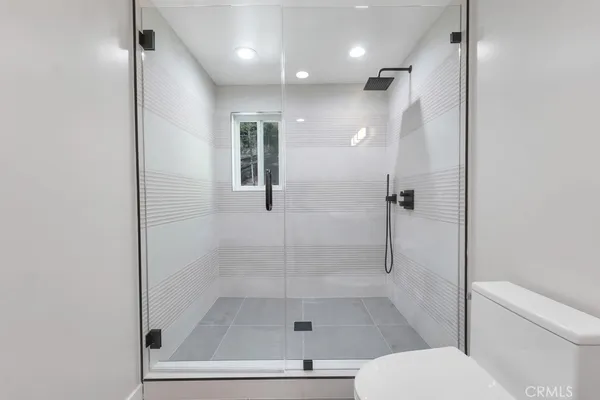 a bathroom with a shower a toilet and a glass door