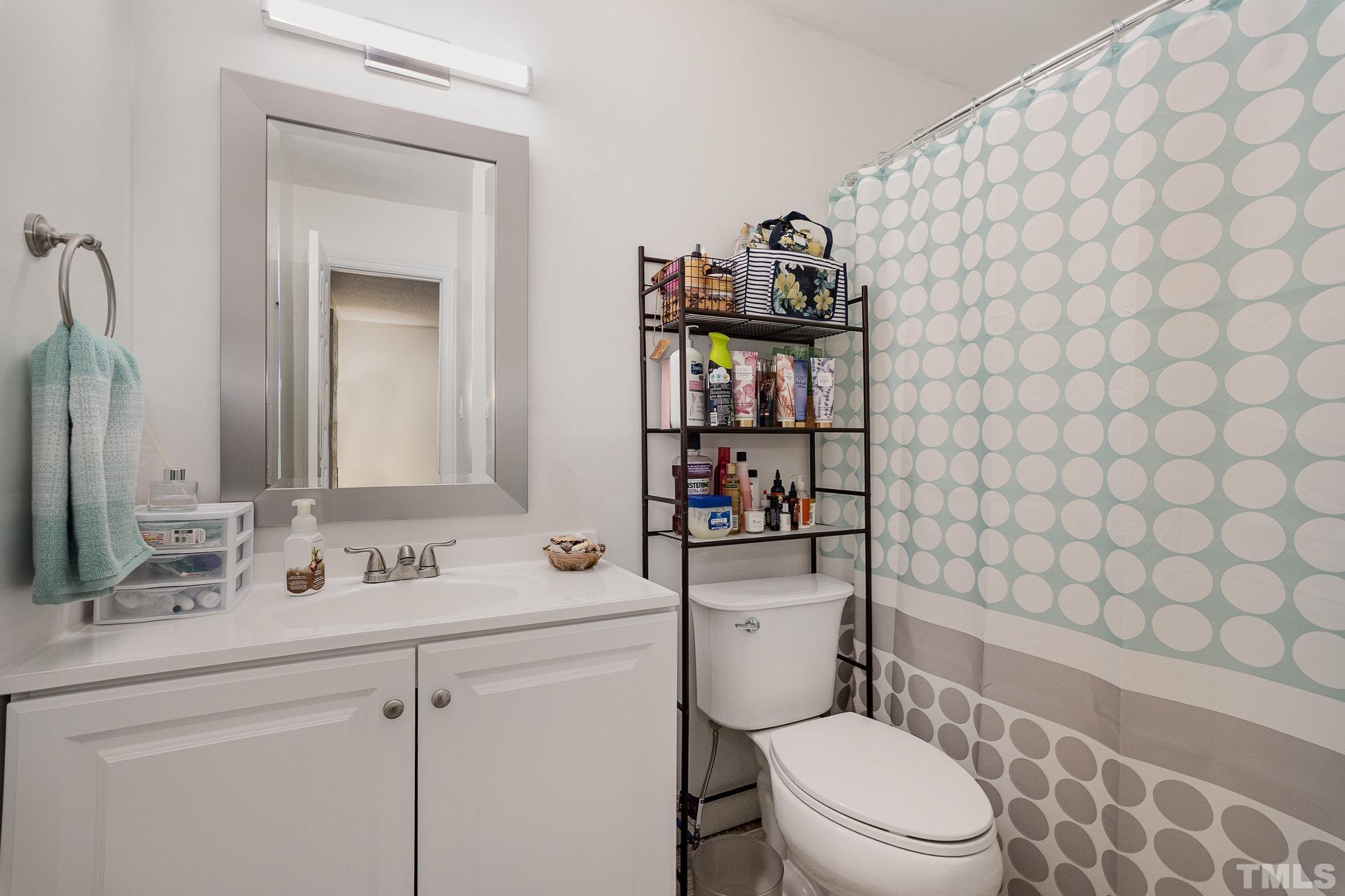 3219 Mill Run, Unit 175 Raleigh, NC 27612 - Photo 14 of 16 a bathroom with a sink a toilet and shower curtain
