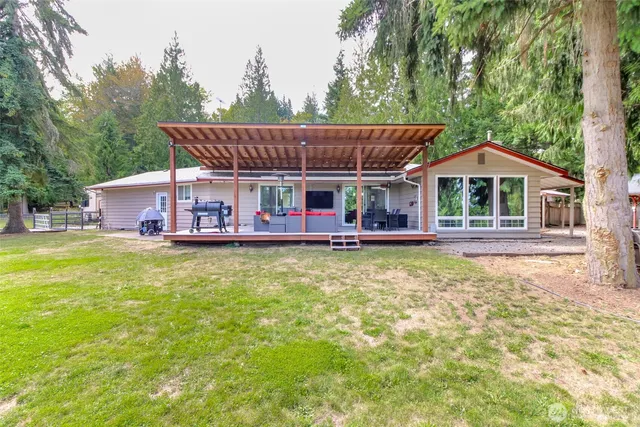 a garden view with a seating space