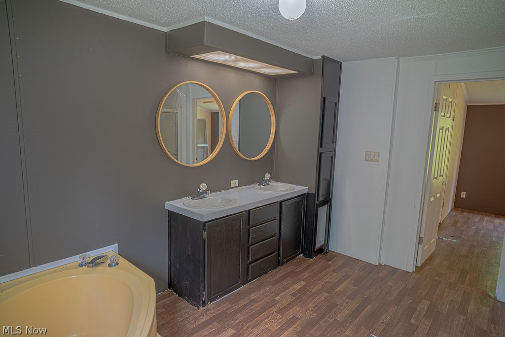 967 Buck Run Road Mineral Wells, WV 26150 - Photo 35 of 50 Spacious bathroom featuring a double vanity with round mirrors and overhead lighting, a built-in storage cabinet, a corner soaking tub, and wood-finish flooring