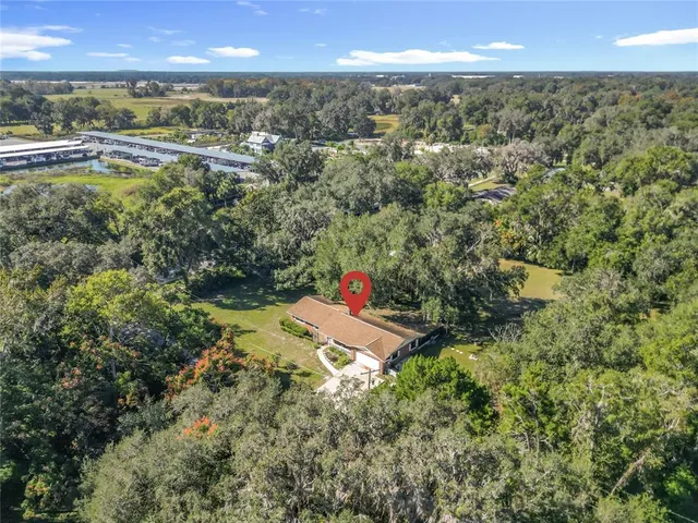 an aerial view of residential houses with outdoor space and trees