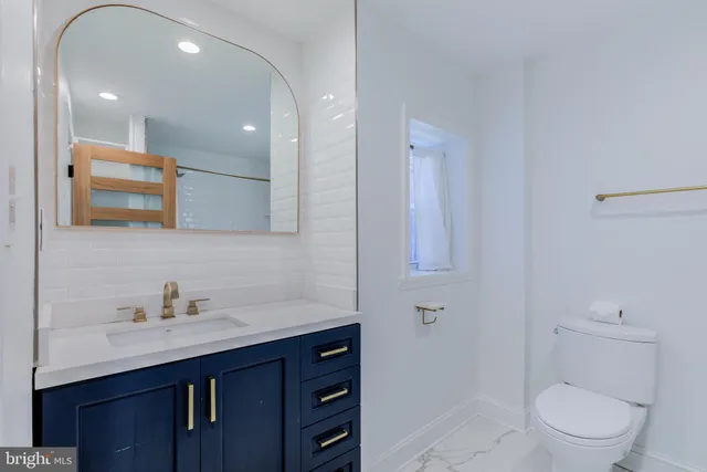 a bathroom with a toilet a sink a mirror and vanity