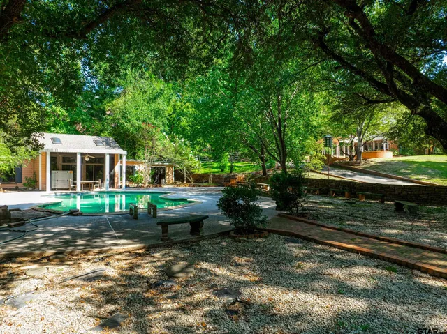 a view of a backyard with large trees