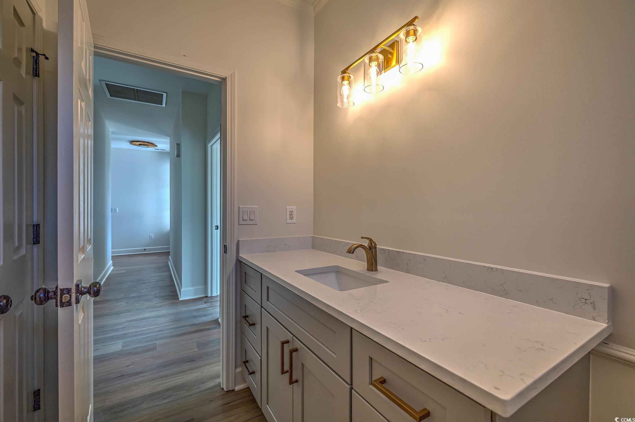 4000 Bayfield Loop Murrells Inlet, SC 29576 - Photo 17 of 33 Bathroom featuring wood finished floors, vanity, and ornamental molding