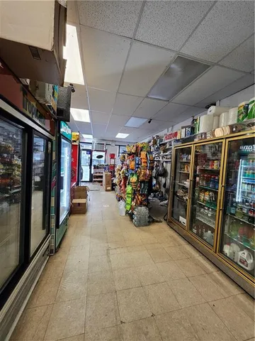 a view of a storage room with racks