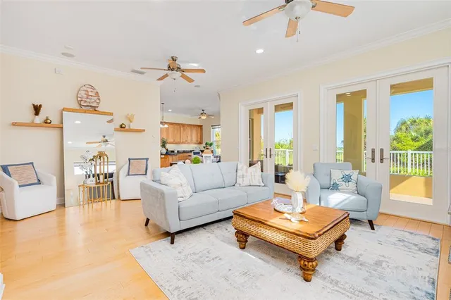 a living room with furniture and a table