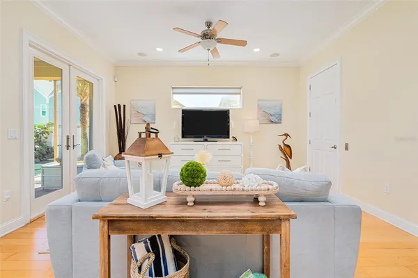 a living room with furniture and a table
