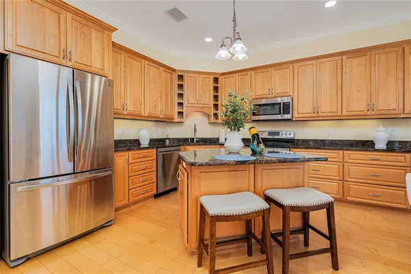 a kitchen with stainless steel appliances granite countertop a potted plant on the counter and cabinets