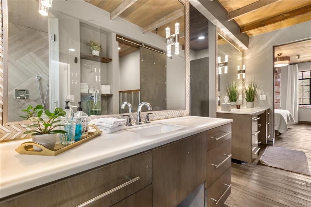 601 East Ridgewood Street Orlando, FL 32803 - Photo 36 of 86 a bathroom with a sink a mirror and a shower