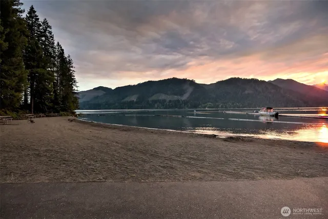 a view of a lake with a mountain