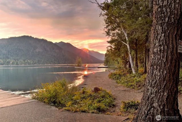 a view of a lake with a mountain in the background