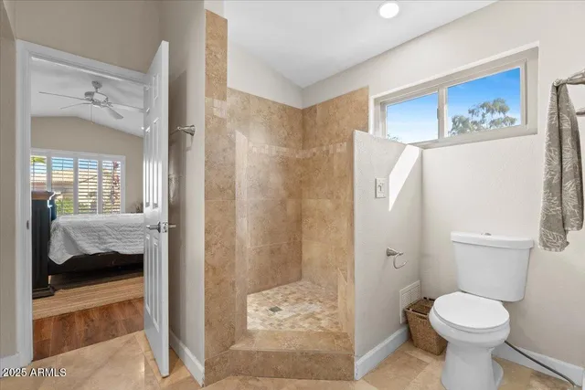 a bathroom with a shower and toilet