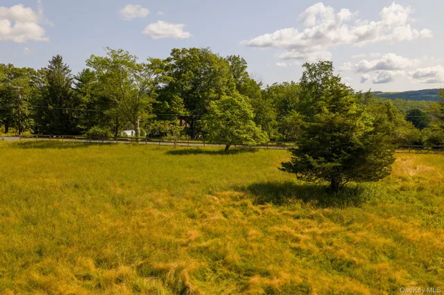 a view of a swimming pool with a bench and trees around