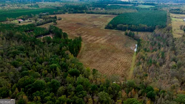 an aerial view of a houses with outdoor space and trees all around