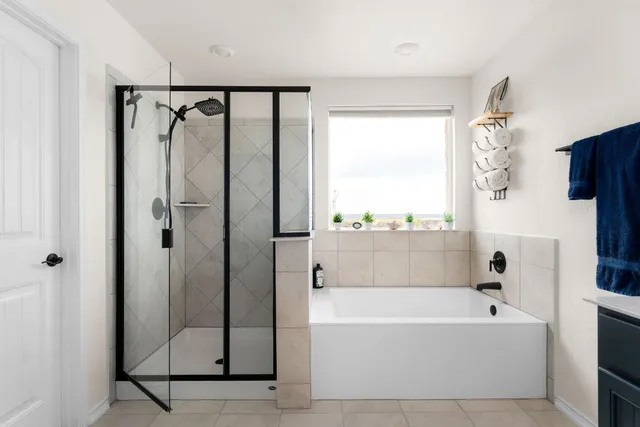 a bathroom with a bathtub and a shower