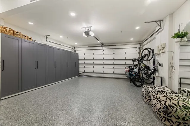 a view of a garage with storage