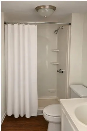 a bathroom with a shower curtain and a sink