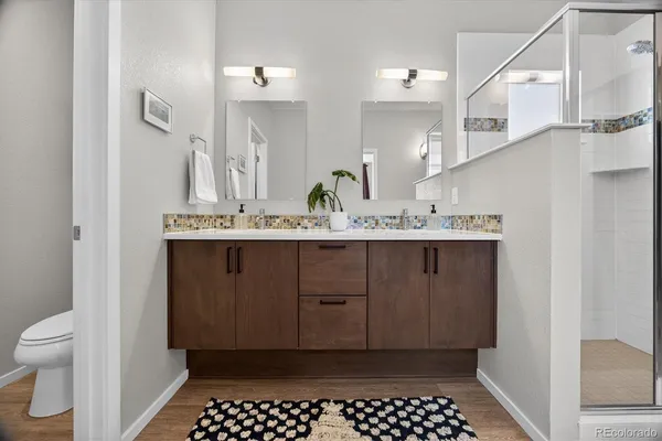 a bathroom with a sink a toilet and a shower