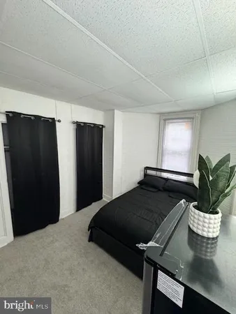 a bedroom with a bed and a potted plant