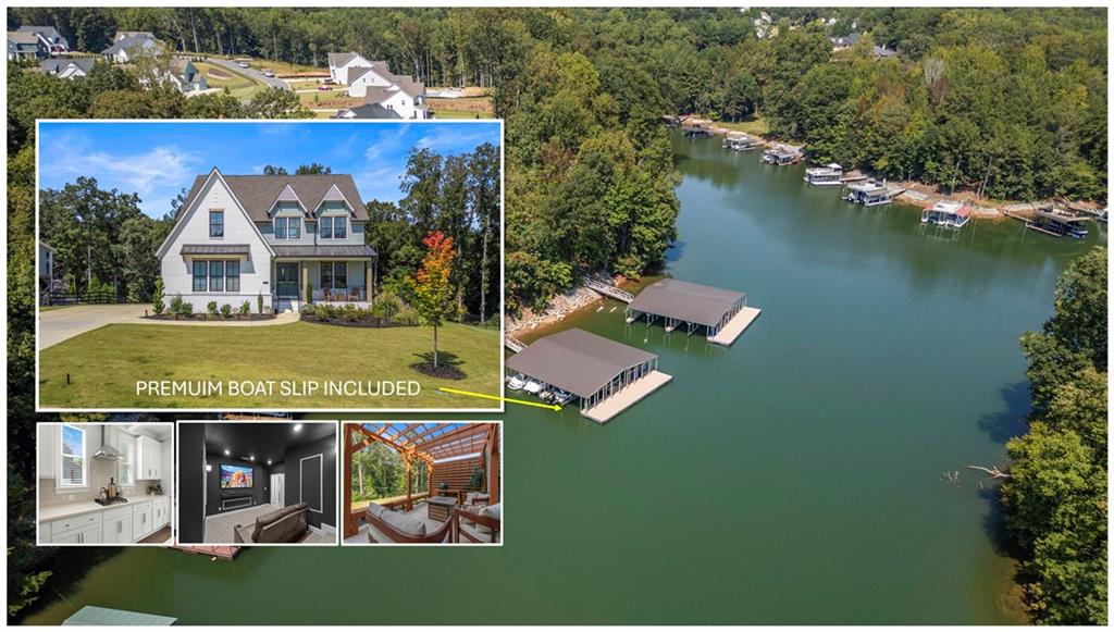an aerial view of a house with a garden and lake view