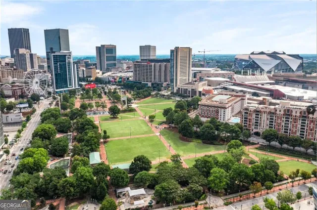 a view of a city with tall buildings